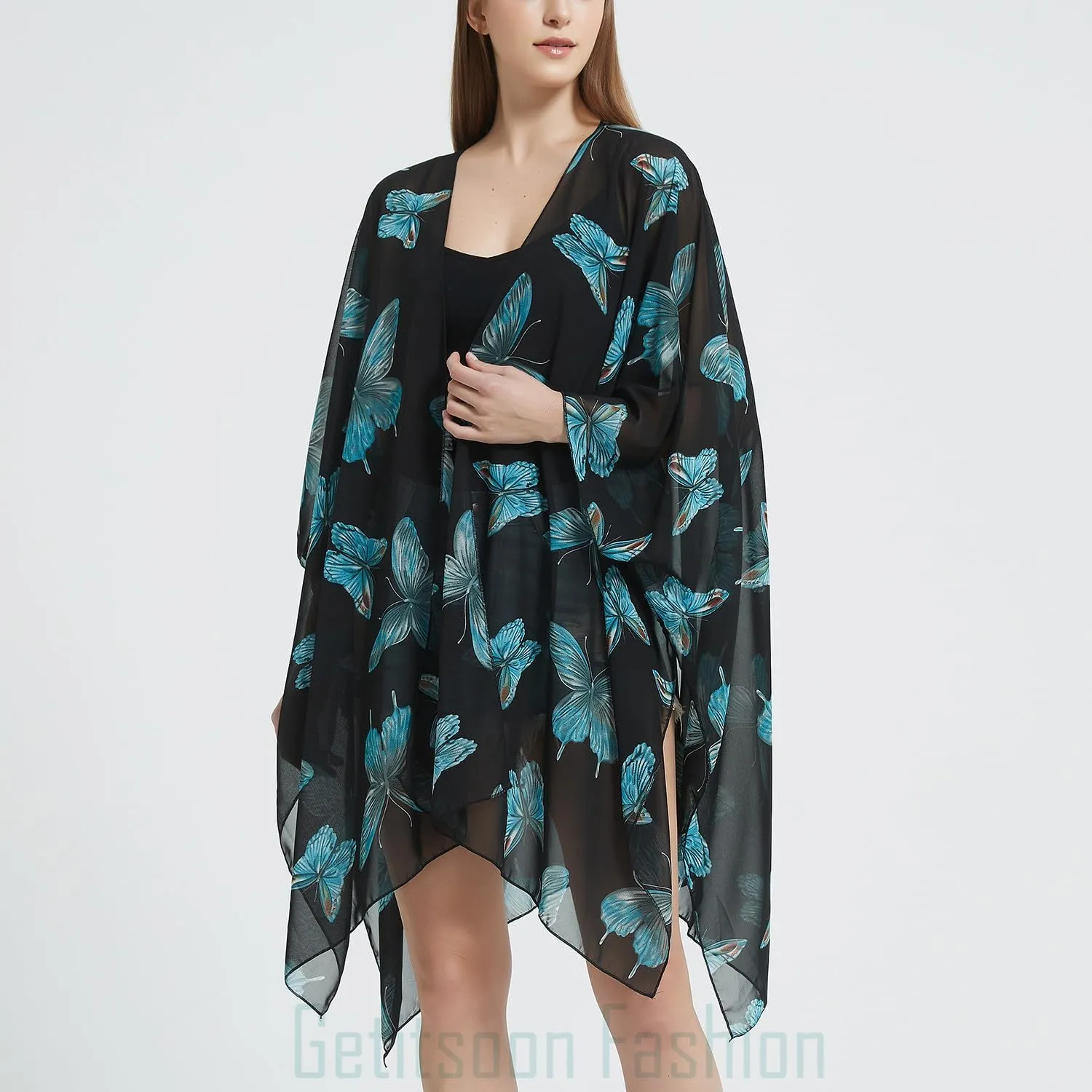 Women's Bohemian Floral Chiffon Beach Cover up Swimsuit Kimono Summer Swimwear Cardigans