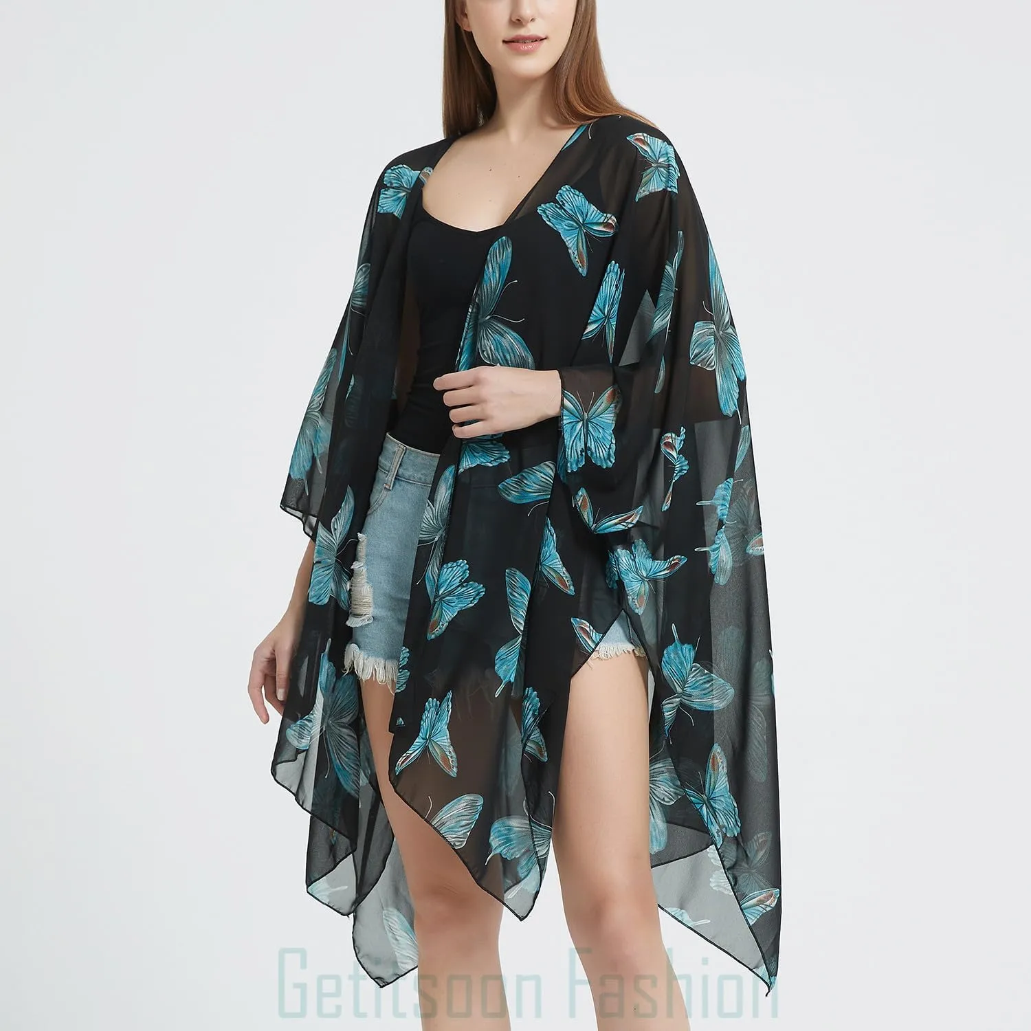 Women's Bohemian Floral Chiffon Beach Cover up Swimsuit Kimono Summer Swimwear Cardigans