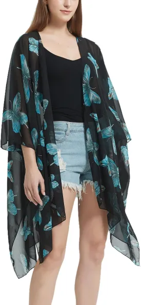Women's Bohemian Floral Chiffon Beach Cover up Swimsuit Kimono Summer Swimwear Cardigans