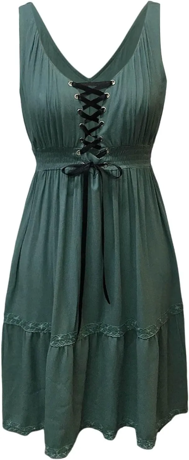 Women's Boho Floral Dress Sexy V Neck Spaghetti Strap Mini Sundress Lace High Low Hem Front Tie Western Vacation Dresses
