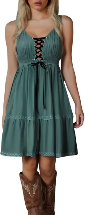 Women's Boho Floral Dress Sexy V Neck Spaghetti Strap Mini Sundress Lace High Low Hem Front Tie Western Vacation Dresses