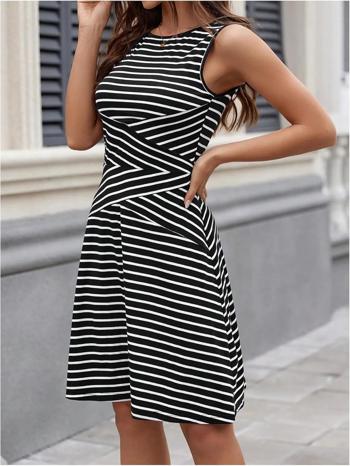 Women's Casual Summer Dresses 2025 Striped High Waisted Crewneck Sleeveless A Line Mini Tank Dress