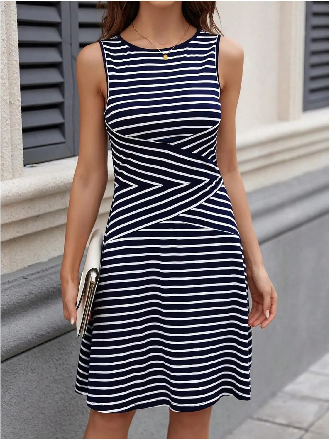 Women's Casual Summer Dresses 2025 Striped High Waisted Crewneck Sleeveless A Line Mini Tank Dress
