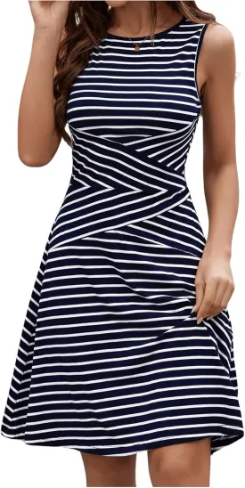 Women's Casual Summer Dresses 2025 Striped High Waisted Crewneck Sleeveless A Line Mini Tank Dress