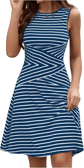 Women's Casual Summer Dresses 2025 Striped High Waisted Crewneck Sleeveless A Line Mini Tank Dress