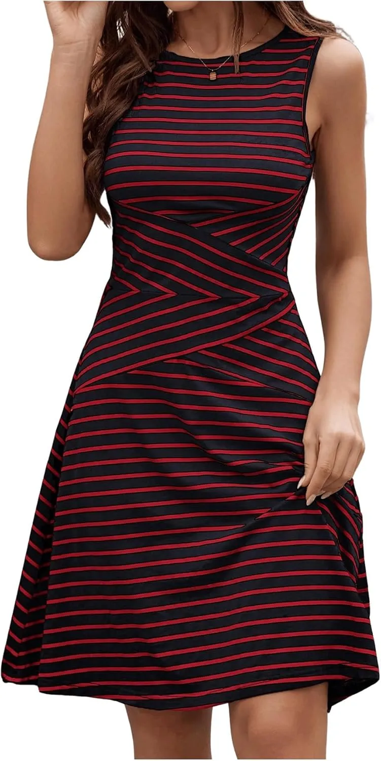 Women's Casual Summer Dresses 2025 Striped High Waisted Crewneck Sleeveless A Line Mini Tank Dress