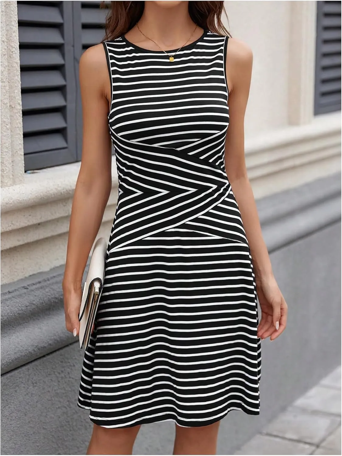 Women's Casual Summer Dresses 2025 Striped High Waisted Crewneck Sleeveless A Line Mini Tank Dress