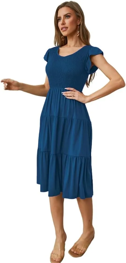 Womens Elegant Evening Party Dress Flutter Sleeve Midi Summer Beach V Neck Sundress Casual Tiered Smocked
