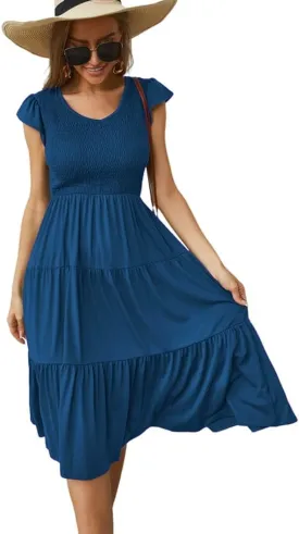 Womens Elegant Evening Party Dress Flutter Sleeve Midi Summer Beach V Neck Sundress Casual Tiered Smocked