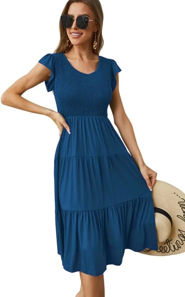 Womens Elegant Evening Party Dress Flutter Sleeve Midi Summer Beach V Neck Sundress Casual Tiered Smocked