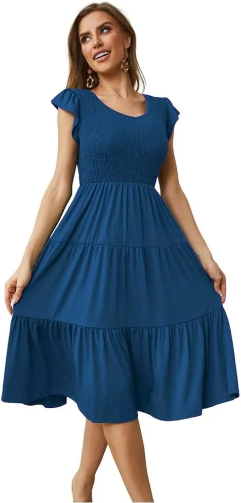 Womens Elegant Evening Party Dress Flutter Sleeve Midi Summer Beach V Neck Sundress Casual Tiered Smocked
