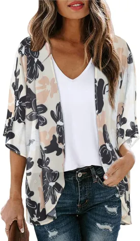 Women's Floral Cardigan Coverups Bohemian Kimono Loose Cover Up Tops Beach Swimsuit Puff Sleeve Blouse Female Chiffon Summer