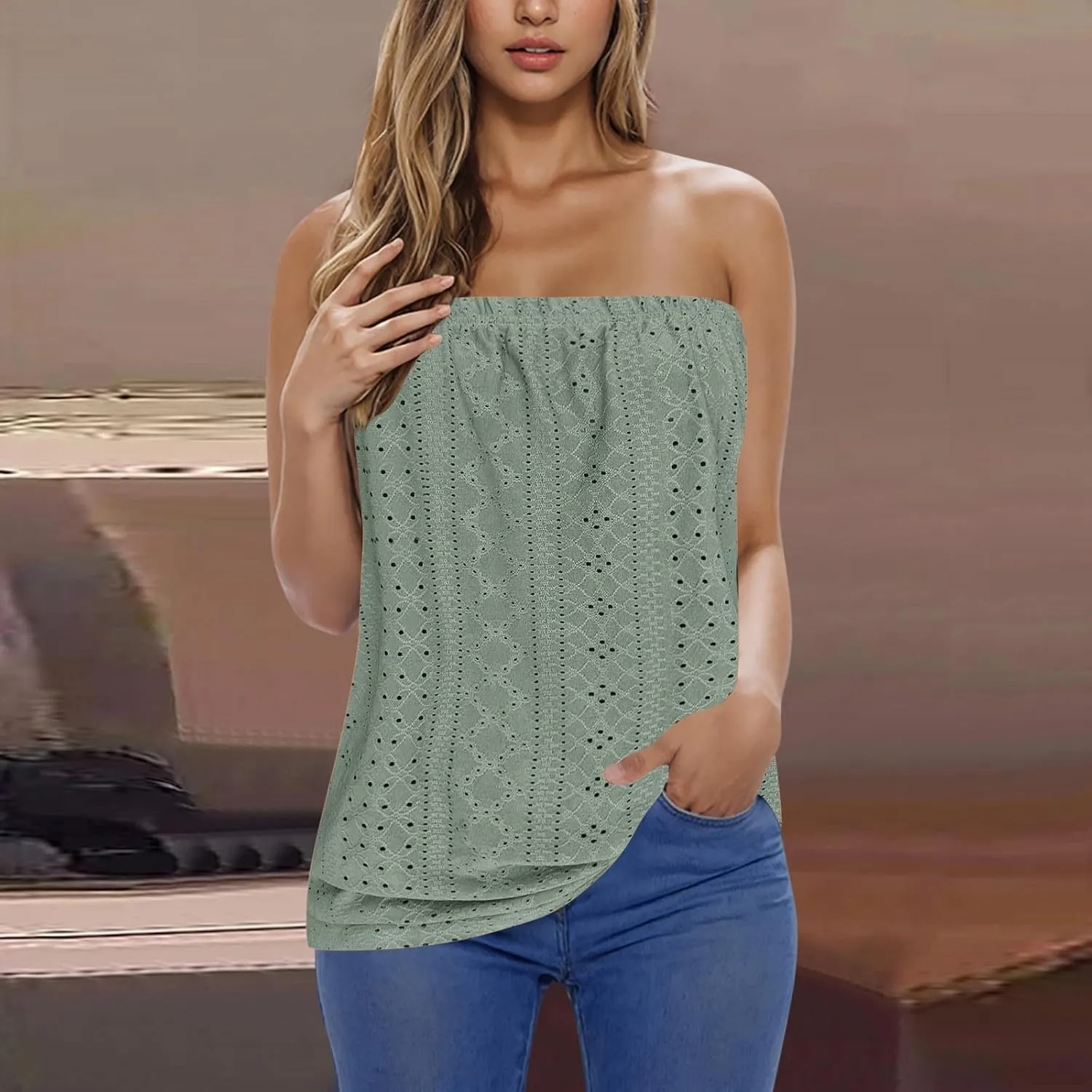 Women's Flowy Tube Tops Loose Fit Casual Strapless Shirts Eyelet Embroidery Lace Bandeau Tank Top Sleeveless Backless