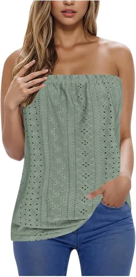 Women's Flowy Tube Tops Loose Fit Casual Strapless Shirts Eyelet Embroidery Lace Bandeau Tank Top Sleeveless Backless