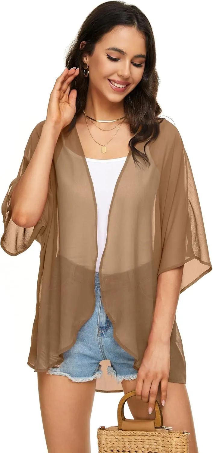 Womens Kimono Cardigans Beach Cover ups Swimwear Puff Sleeve Loose Casual Summer Tops