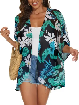 Womens Kimono Cardigans Beach Cover ups Swimwear Puff Sleeve Loose Casual Summer Tops