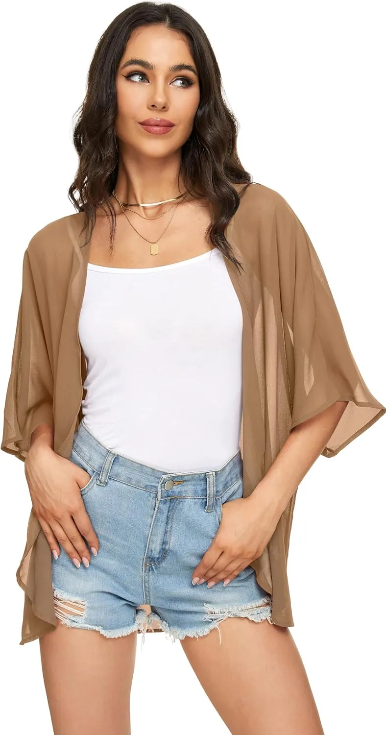 Womens Kimono Cardigans Beach Cover ups Swimwear Puff Sleeve Loose Casual Summer Tops