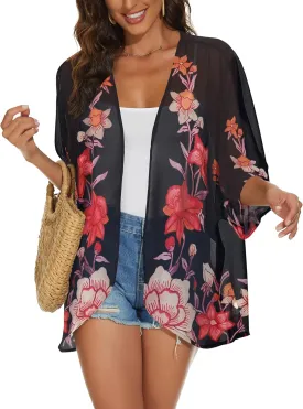 Womens Kimono Cardigans Beach Cover ups Swimwear Puff Sleeve Loose Casual Summer Tops