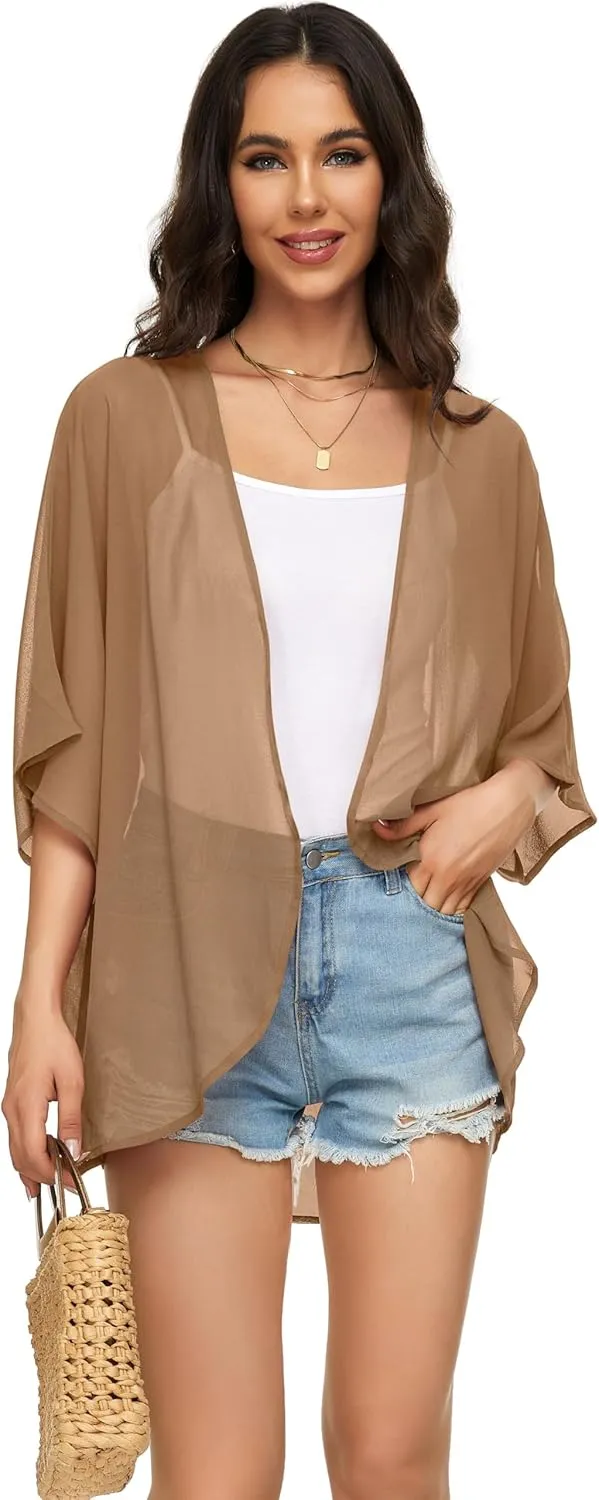 Womens Kimono Cardigans Beach Cover ups Swimwear Puff Sleeve Loose Casual Summer Tops