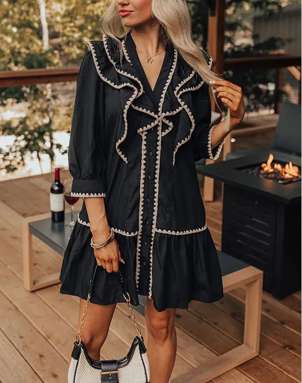 Women's Ruffle Mini Dress Short Sleeve Button Down Cute Babydoll Tiered Dress