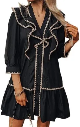 Women's Ruffle Mini Dress Short Sleeve Button Down Cute Babydoll Tiered Dress