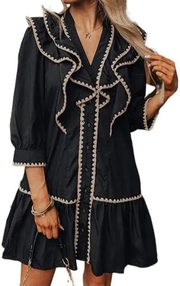 Women's Ruffle Mini Dress Short Sleeve Button Down Cute Babydoll Tiered Dress