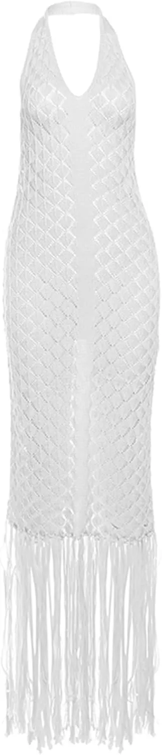 Womens Summer Crochet Halter Dress Knit Fringe Beach Cover up Swim Vacation Sexy Bodycon Maxi Dresses