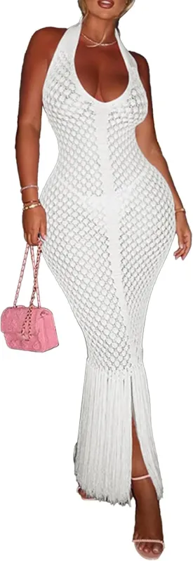 Womens Summer Crochet Halter Dress Knit Fringe Beach Cover up Swim Vacation Sexy Bodycon Maxi Dresses