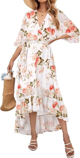 Women's Summer Floral Boho Dress 3/4 Sleeve Wrap V Neck Flowy Casual Loose Wedding Guest Long Maxi Ruffle Dresses