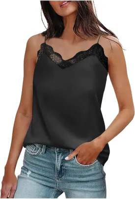 Women's Summer Lace V Neck Tank Tops Trendy Silk Satin Cami Shirt Summer Sleeveless Spaghetti Strap Camisole Top