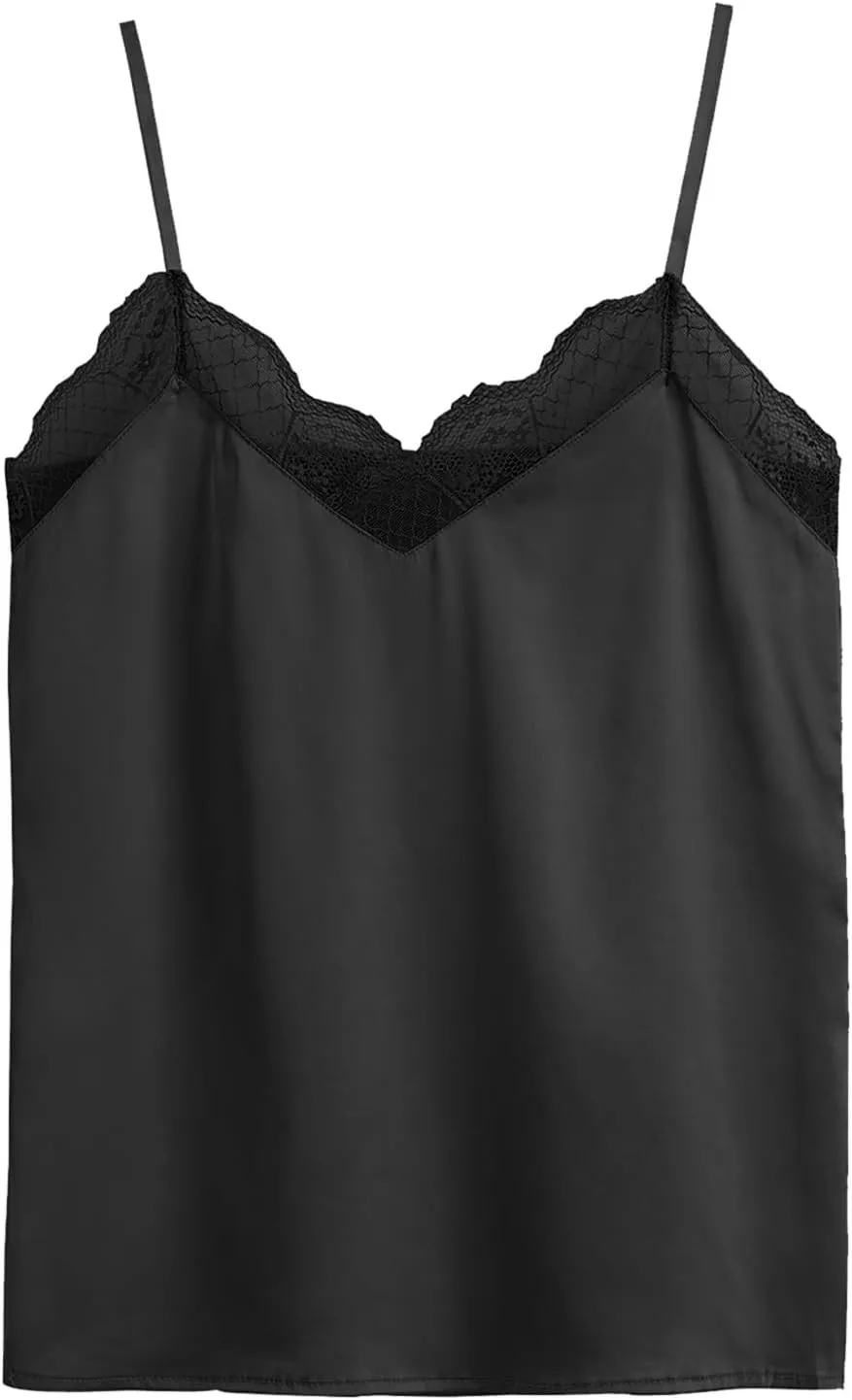 Women's Summer Lace V Neck Tank Tops Trendy Silk Satin Cami Shirt Summer Sleeveless Spaghetti Strap Camisole Top