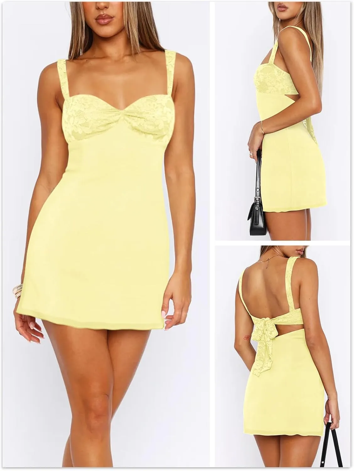 Women's Summer Mini Dresses Sleeveless Sexy Square Neck Lace Splicing Cocktail Party Straps Bodycon Dress