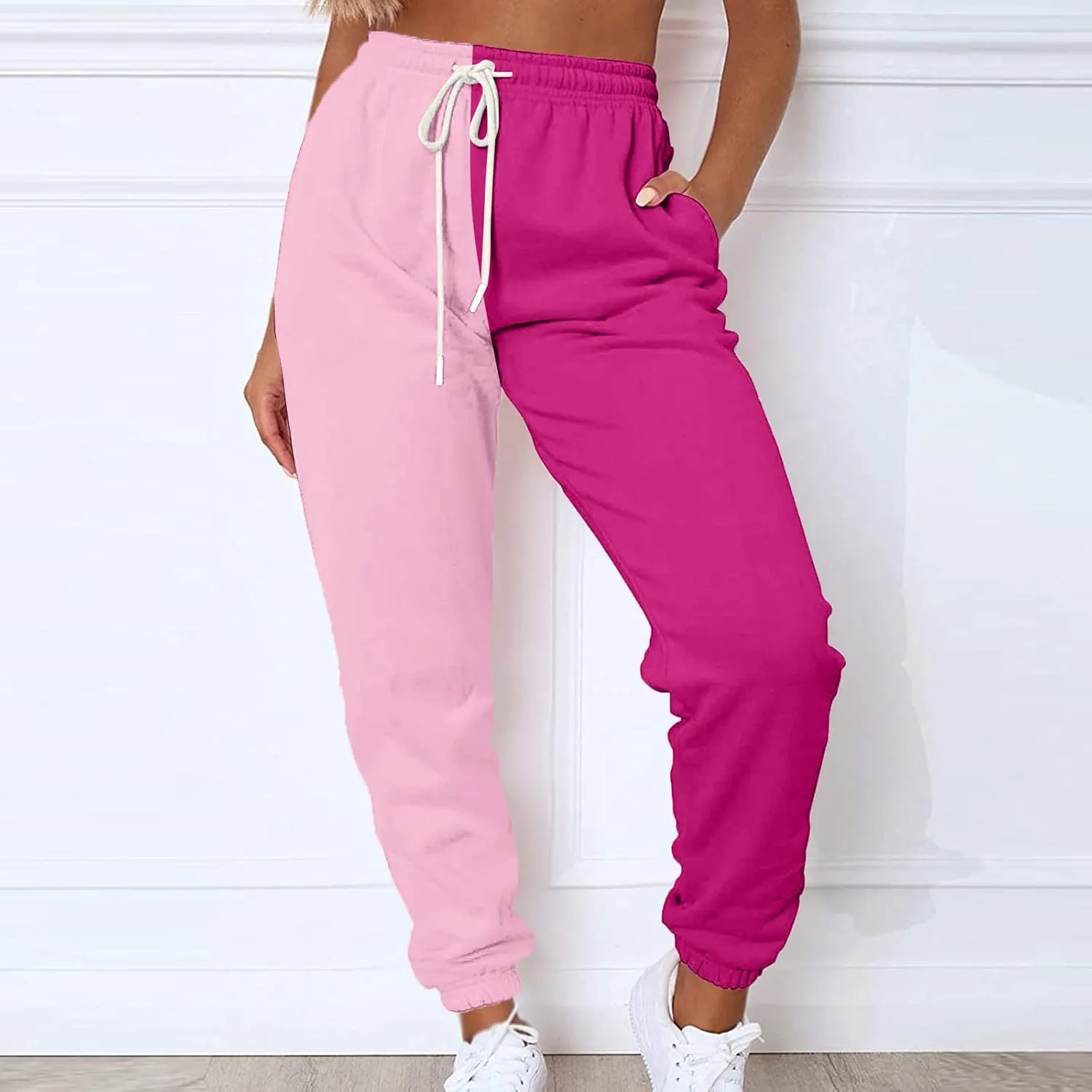 Women's Sweatpants Color Block Patchwork Trouser Elastic High Waist Joggers Baggy Pants with Multi-Pockets