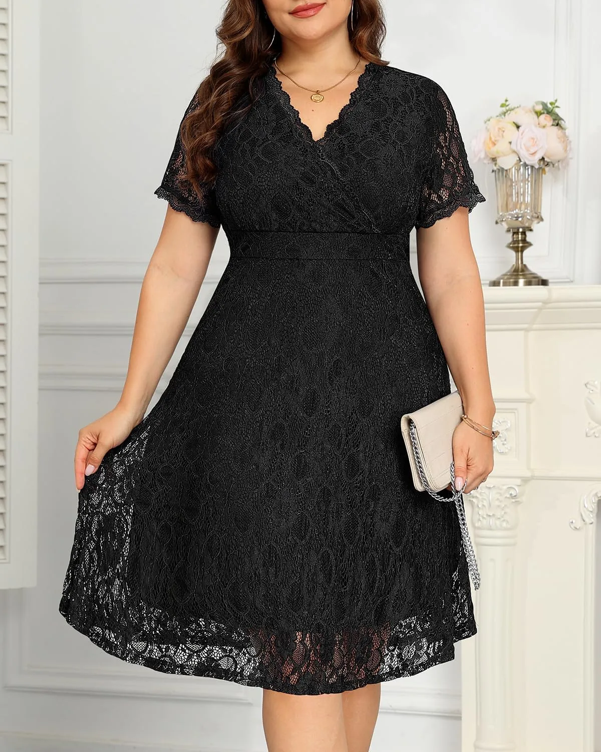 Women's Wedding Guest Plus Size Semi Formal Cocktail Lace Wrap V Neck Short Sleeve Knee Length Dress