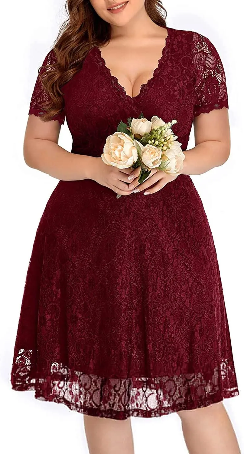 Women's Wedding Guest Plus Size Semi Formal Cocktail Lace Wrap V Neck Short Sleeve Knee Length Dress