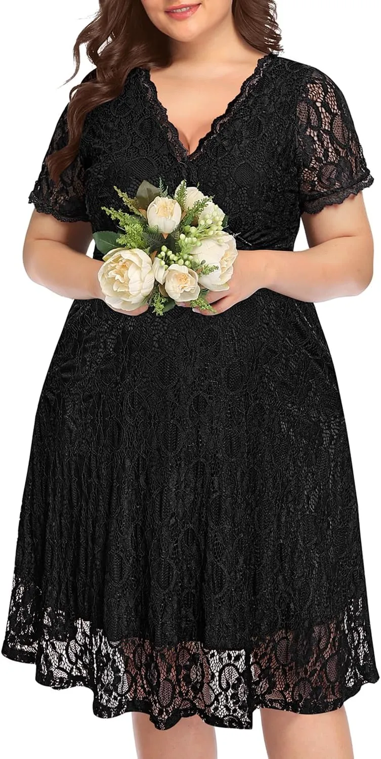 Women's Wedding Guest Plus Size Semi Formal Cocktail Lace Wrap V Neck Short Sleeve Knee Length Dress