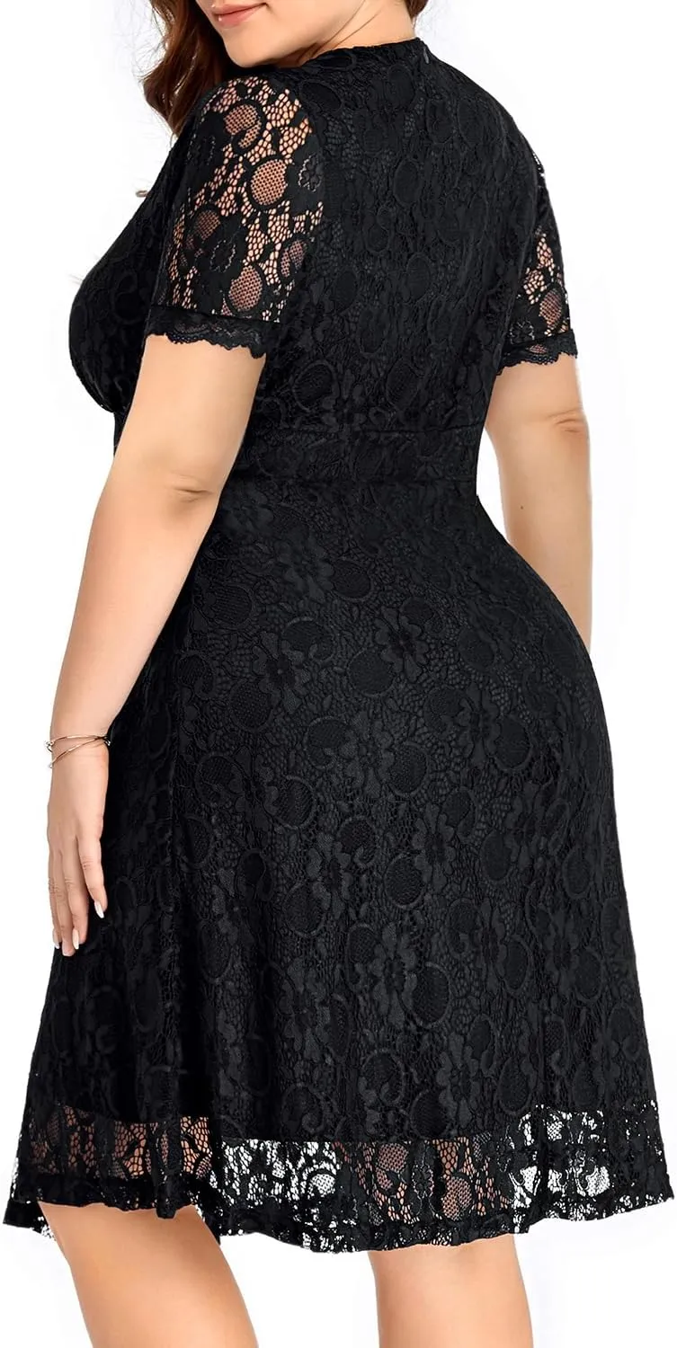 Women's Wedding Guest Plus Size Semi Formal Cocktail Lace Wrap V Neck Short Sleeve Knee Length Dress