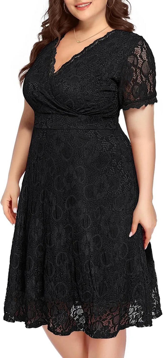 Women's Wedding Guest Plus Size Semi Formal Cocktail Lace Wrap V Neck Short Sleeve Knee Length Dress