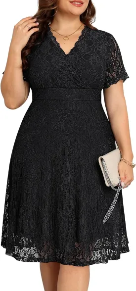 Women's Wedding Guest Plus Size Semi Formal Cocktail Lace Wrap V Neck Short Sleeve Knee Length Dress