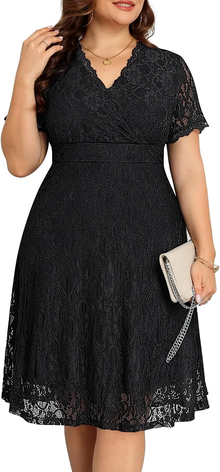 Women's Wedding Guest Plus Size Semi Formal Cocktail Lace Wrap V Neck Short Sleeve Knee Length Dress