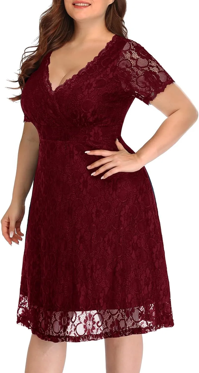 Women's Wedding Guest Plus Size Semi Formal Cocktail Lace Wrap V Neck Short Sleeve Knee Length Dress