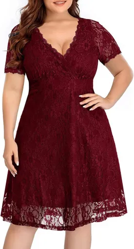 Women's Wedding Guest Plus Size Semi Formal Cocktail Lace Wrap V Neck Short Sleeve Knee Length Dress