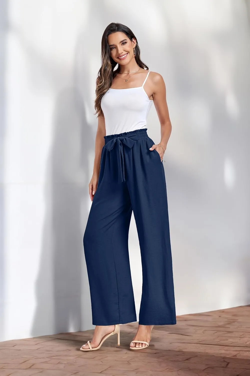 Womens Wide Leg Pants High Waist Flowy Adjustable Knot Loose Trousers Casuals Lounge Business Pants with Pockets