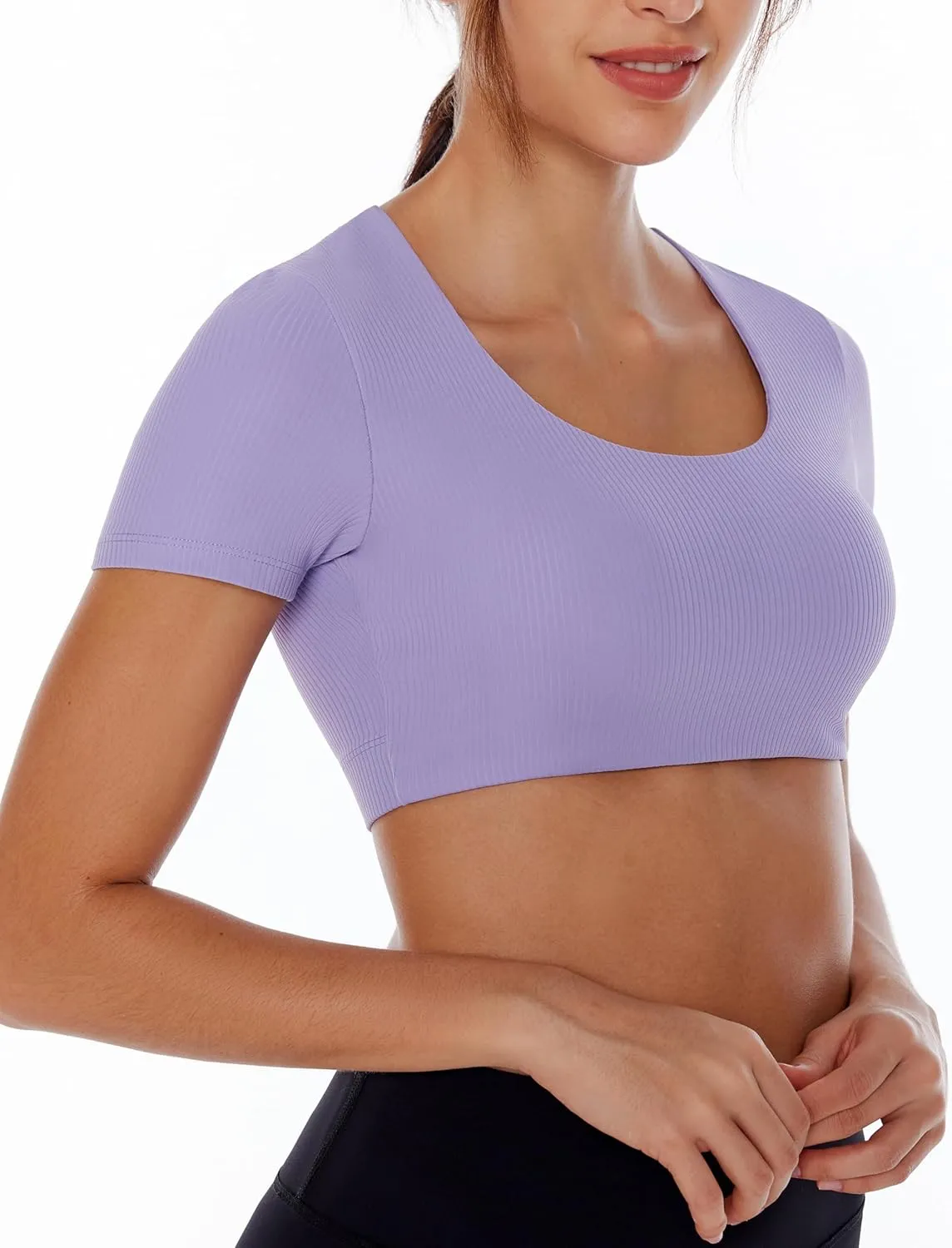 Women's Workout Crop Tops Yoga Short Sleeve Ribbed Fitted Mild Support Cream Feeling T Shirts Built in Bra