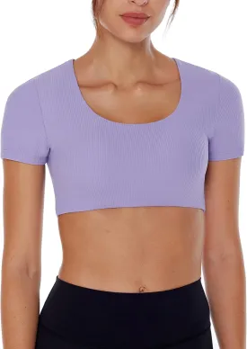 Women's Workout Crop Tops Yoga Short Sleeve Ribbed Fitted Mild Support Cream Feeling T Shirts Built in Bra