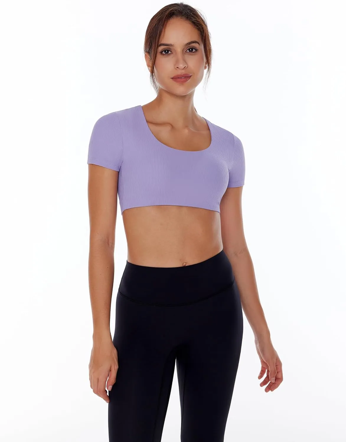 Women's Workout Crop Tops Yoga Short Sleeve Ribbed Fitted Mild Support Cream Feeling T Shirts Built in Bra