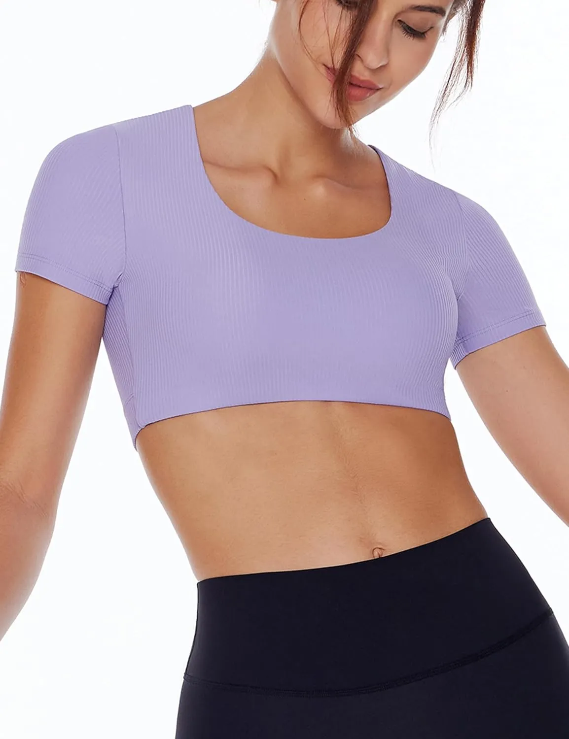 Women's Workout Crop Tops Yoga Short Sleeve Ribbed Fitted Mild Support Cream Feeling T Shirts Built in Bra