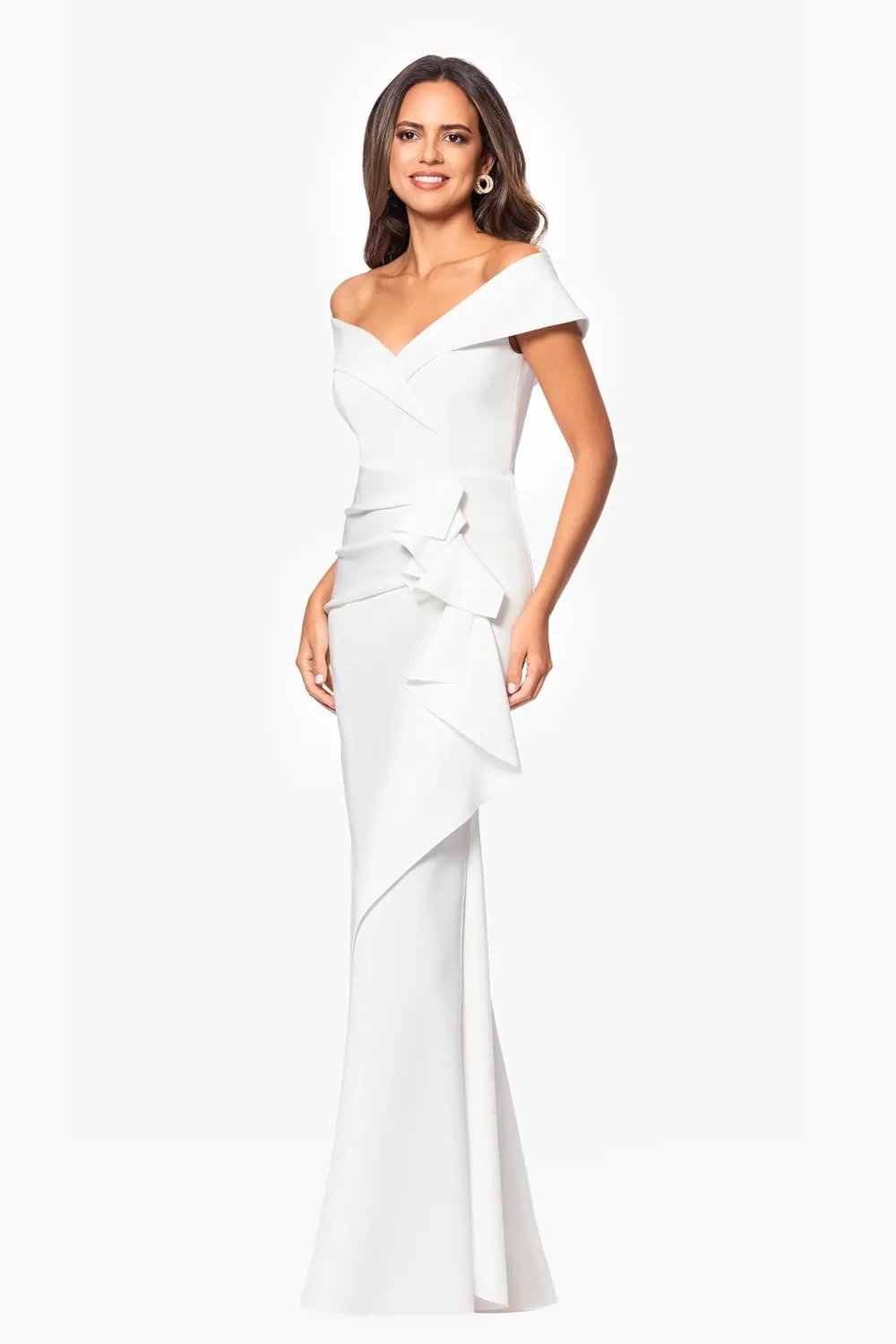 Xscape Women's Long Off Shoulder Sweetheart Neck Side Ruffle Gown