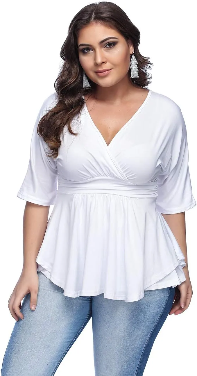 YOUNDI Women's Plus Size Blouse Sexy Deep V Neck Pleated Half Sleeve Ruched Promenade Tops