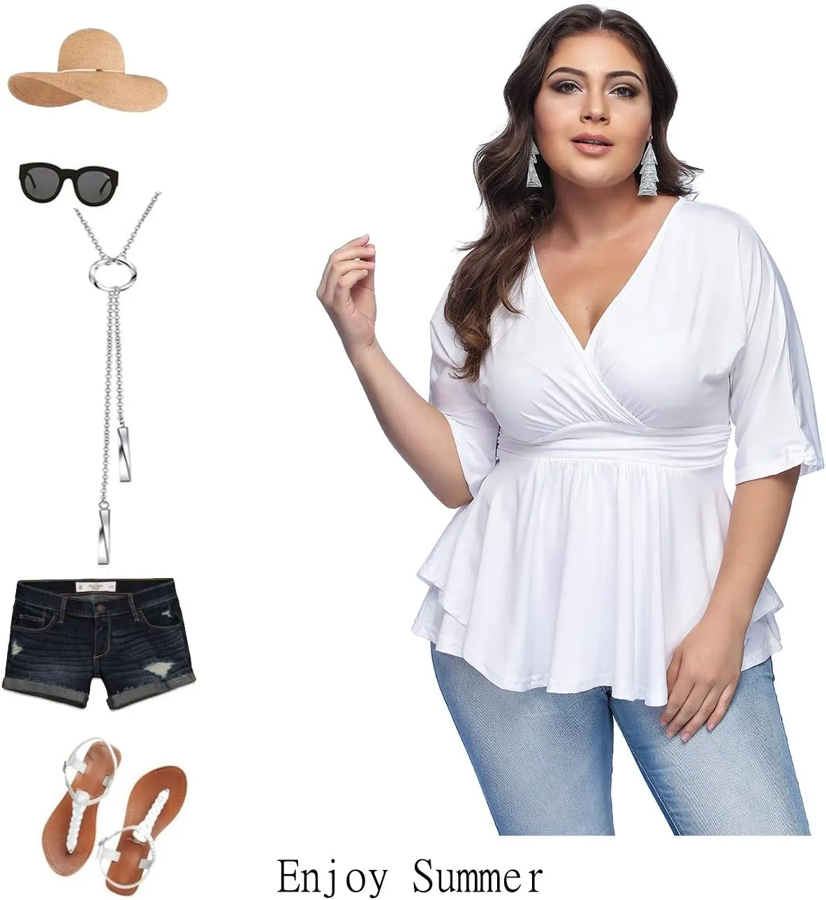 YOUNDI Women's Plus Size Blouse Sexy Deep V Neck Pleated Half Sleeve Ruched Promenade Tops